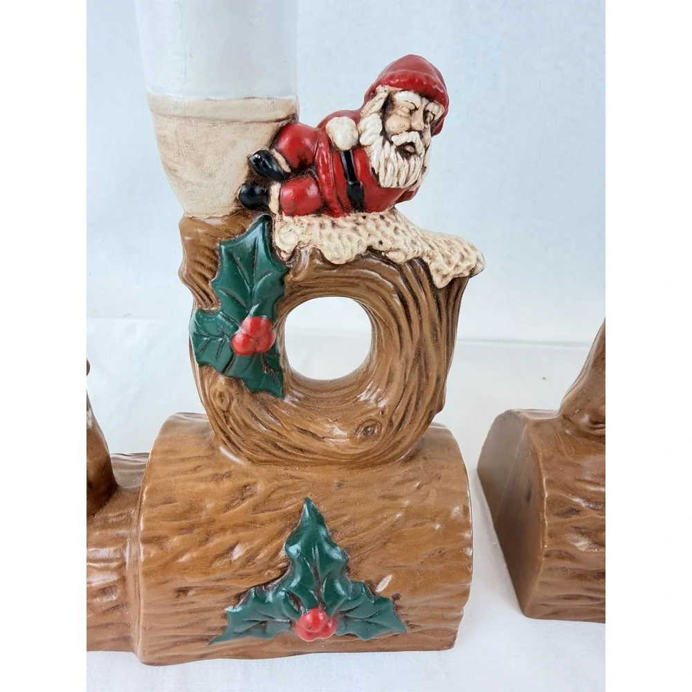Vintage 1974 NOEL Ceramic Candle Holder Set Santa Log Christmas Decor - Picture 6 of 16